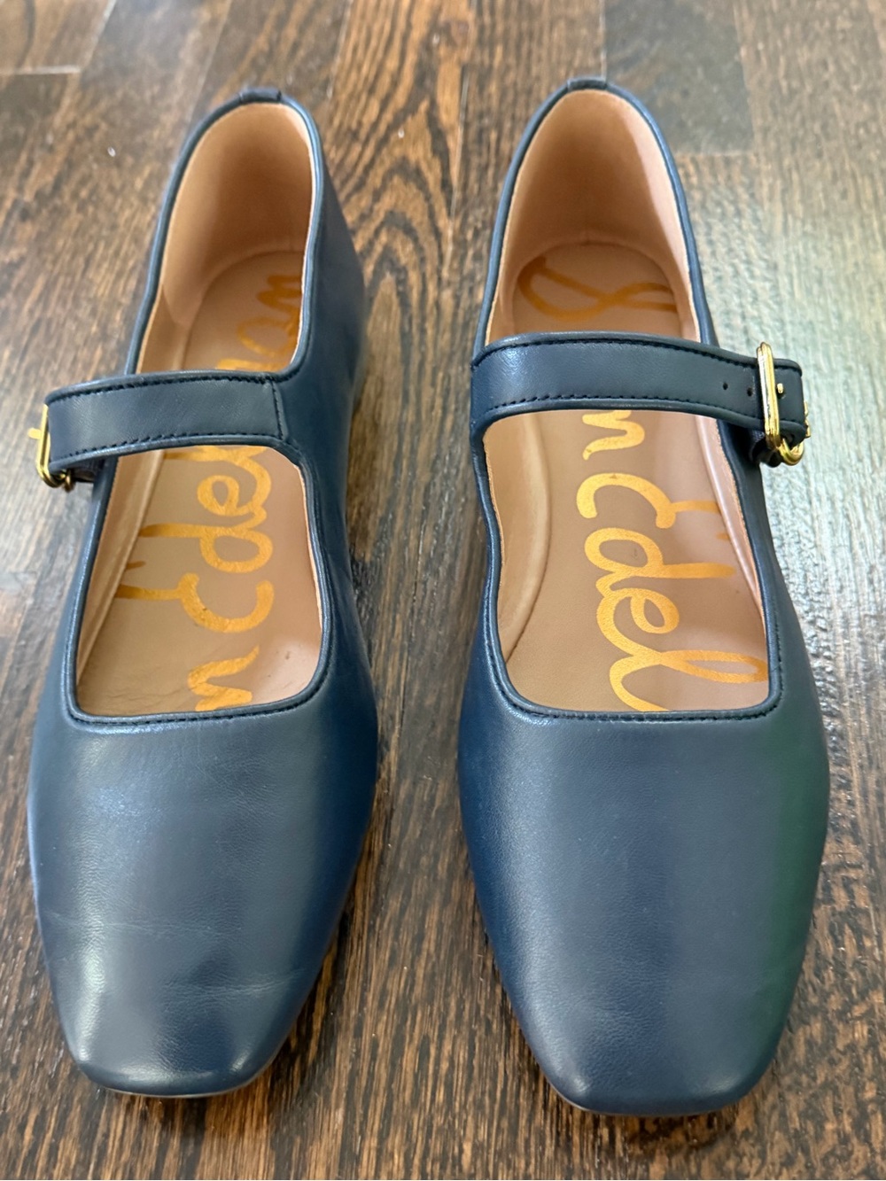 Sam Edelman Navy Leather Mary Jane Flats with Gold Buckles